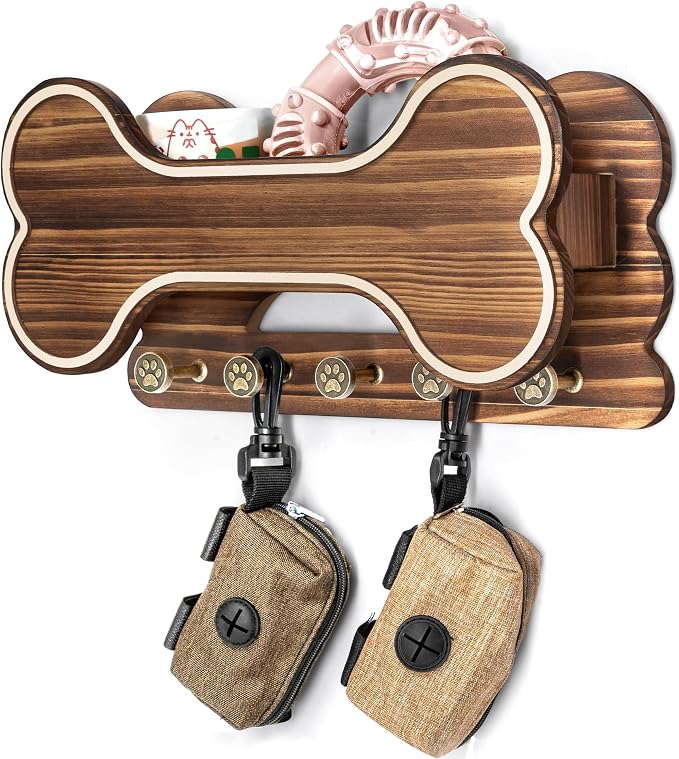 MTERSN Dog Leash Holder for Wall with Key Hooks for Dog Gear Storage, Brown | 3D Puppy Paw Hooks, Doggie Bone Shape, Key Rack with 5 Hooks, Wall Shelf for Treats & Dog Food, Ideal for Wall Decor