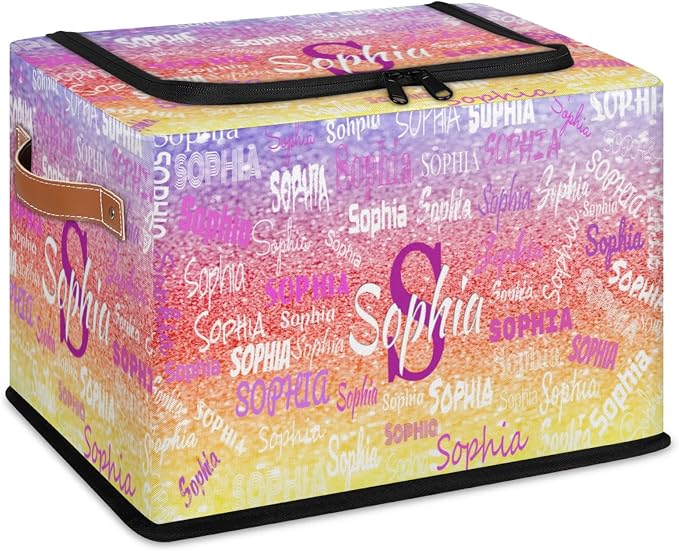 Custom Storage Baskets for Kids with Name, Large Foldable Organizer Collapsible Storage Bin with Zipper Lid Leather Handle for Home Toys Closet Nursery, Shiny Purple Red Yellow Glittering