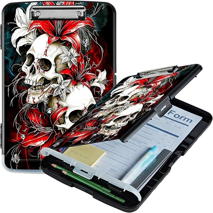 Red Lily Skull A4 Clipboard with Storage Pen Holder, Clipboards Organizer Nursing Clipboard Foldable File Folder Plastic Clipboard Folio Clip Board for Office Students Classroom Doctor