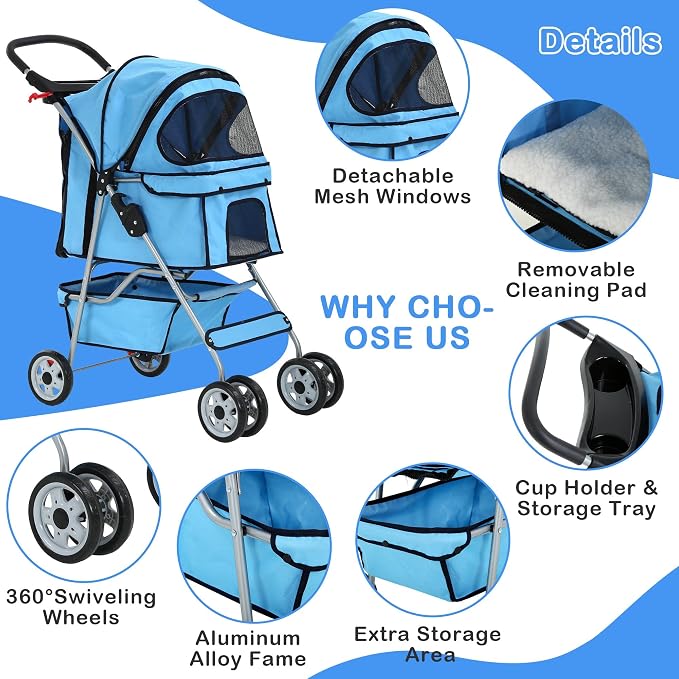 Pet Stroller,4 Wheels Dog Stroller with Storage Basket,Compact Portable Folding Carrier for Travel,Camping,Dog Carrier for Small Medium Dogs Or Cats,Lightweight Waterproof Pet Stroller,Blue