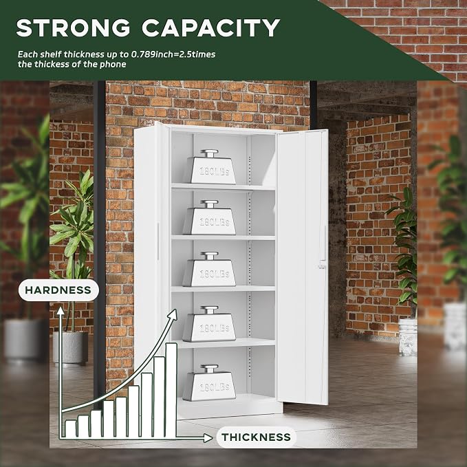 Greenvelly White Metal Storage Cabinet for Garage, 72” Steel Locking Cabinet with Doors and 4 Shelves, Tall Tool Cabinets for Garage Storage Systems Lockable File Cabinet for Home Office, Classroom
