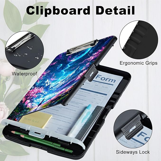 Moon Pink Tree A4 Clipboard with Storage Pen Holder, Clipboards Organizer Nursing Clipboard Foldable File Folder Plastic Clipboard Folio Clip Board for Office Students Classroom Doctor