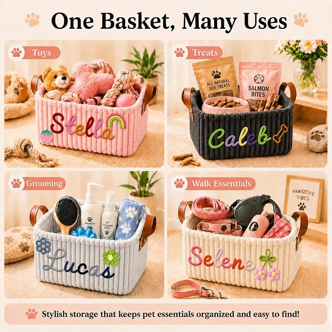 Personalized Pet Dog Cat Toy Storage Basket Bin with Embroidery Name & Icon | Custom Puppy Corduroy Storage Bins, Customized Dog Toy Box Organizer for Pet Supplies, Treats & Blankets, Pets Gifts Basket