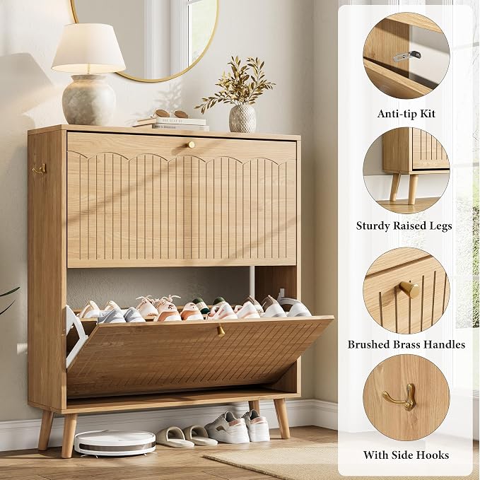 Arch-Chic Shoe Cabinet for Entryway, Modern Mid-Century Shoe Storage Cabinet with Fluted, Narrow Shoe Rack for Entryway with Adjustable Shelves & Tipping Protection,Light Oak