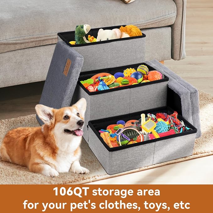 Zerbuger Dog Stairs with Storage, Grey Furry Lids 3 Steps Dog Ramp no Condo | 18" H Wider Dog Steps for High Beds Couch, Folding Storage Pet Stairs Gift for Climbing Small/Medium/Large Old Dogs Cats