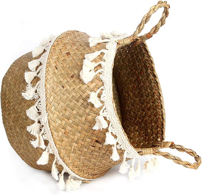Tassel Macrame Woven Seagrass Belly Basket for Storage, Decoration, Laundry, Picnic, Plant Basin Cover, Groceries and Toy Storage (Medium, Tassel)