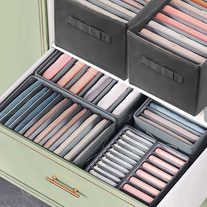 4Pcs Large Wardrobe Clothes Organizer, 6/9 Grids Foldable Jeans Closet Drawer Organizer Storage Box with Handles for Pants, T-shirts, Sweater, Scarves, Bras (17.3"x11.8"x7.9")