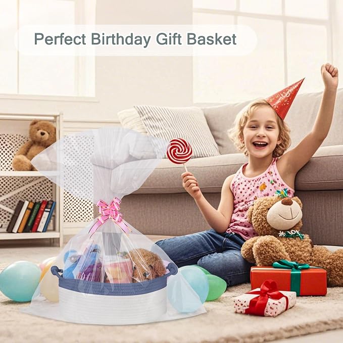 COMSE Small Gift Basket Empty with Bag & Ribbons, Folkstone Gray & White | Cotton Rope, 12"x 8"x 5", Pet Toy Storage Organizer, Woven Basket for Birthdays, Baby Showers, Mother’s Day, Valentine’s Day