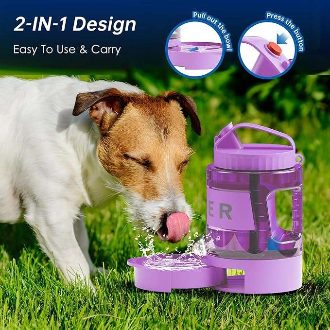 77oz Dog Water Dispenser, 2.2L Large Portable Dog Water Bottle with Pull-Out Drinking Bowl, BPA Free Leak-Proof Pet Travel Water Container for Camping, Hiking, Beach, Car Travel Essentials- Purple