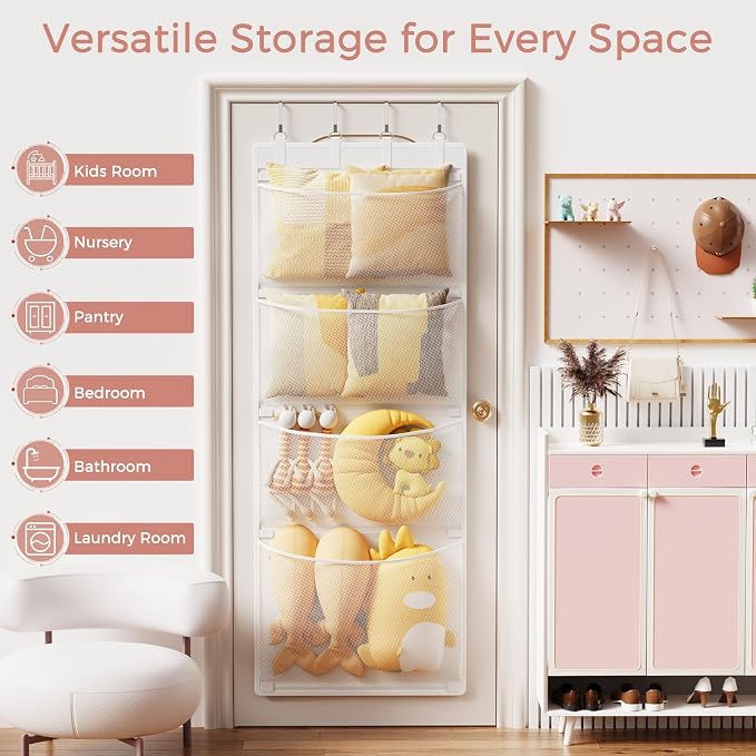 Stuffed Animal Storage, Over the Door Organizer with 4 Mesh Pockets, Toy Organizers and Storage for Nursery, Baby Supplies, Hanging Door Organizer for Kids Room & Playroom Organization, White