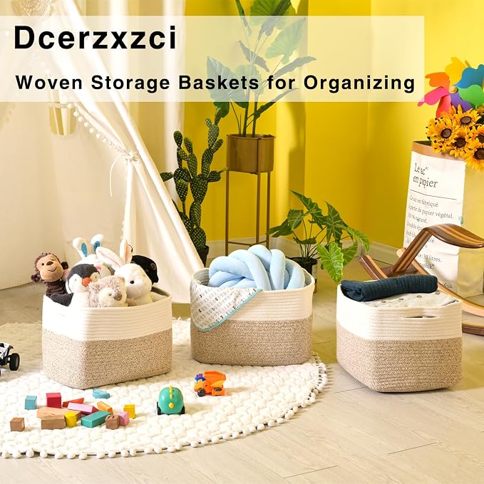Storage Baskets for Organizing 14.8×11×9.5 Off White & Brown | Woven Storage Bins for Shelves, Toys, Books, Towels, Cotton Rope Basket for Living Room Bathroom Bedroom Nursery, 3 Packs