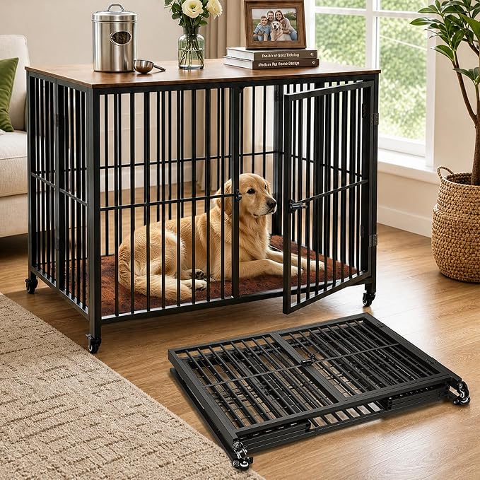 42.3" Large Dog Crate Furniture Foldable, Easy Assembly Dog Kennel Indoor | Heavy Duty Decorative Pet House, Wooden Dog Cage Side End Table with Wheels, for Small/Medium/Large Dogs, Rustic Brown