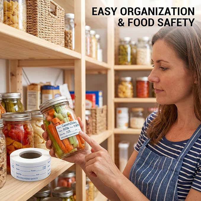 Food Storage Labels, 1000Pcs 2 Rolls, Small Self Adhesive | Removable water-resistant freezer stickers and date tags for kitchen organization, canning and food prep.