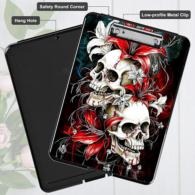 Red Lily Skull A4 Clipboard with Storage Pen Holder, Clipboards Organizer Nursing Clipboard Foldable File Folder Plastic Clipboard Folio Clip Board for Office Students Classroom Doctor