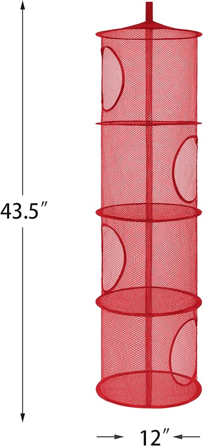 2Pcs Hanging Stuffed Animal Storage Hammock 4 Tiers, Red | Hanging Mesh Storage Organizer for Kids Room, Holds Plushies, Gloves, Hats, Socks, Foldable Space-saving Design