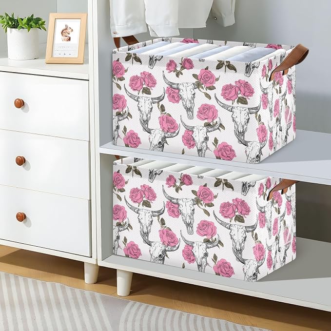 Cow Skulls and Pink Rose Flower Storage Basket Foldable Cube Storage Bins with Handles&Label Waterproof Collapsible Organizer Box Bin Large Rectangle Decorative Baskets for Shelves Home Room Laundry