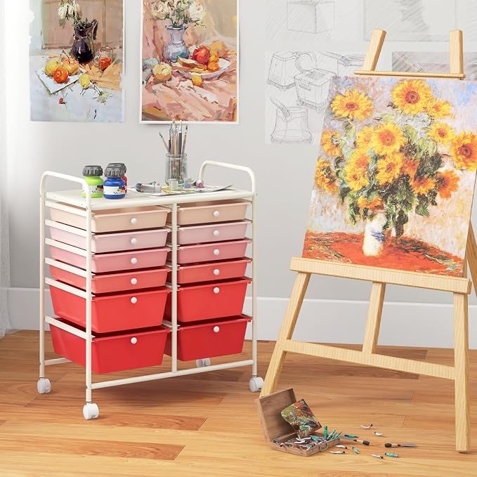 12 Drawer Rolling Storage Cart, Art Cart Organizer on Wheels, Mobile Utility Cart with Drawers, Multipurpose Craft Drawers for Home Office School Classroom (Mixed Pink)