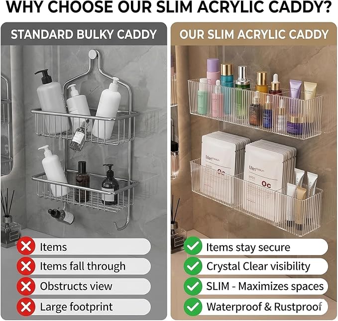 Osuke 2 Pack Clear Shower Caddy & Bathroom Counter Organizer, Slim 2.3" Adhesive Wall Mount Shower Shelves with 3 Compartments, Fluted Bathroom Organizers and Storage for Skincare