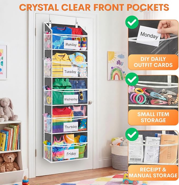 5Tiers Over Door Organizer, Weekly Clothes Organizer for Kids | 5 clear PVC front pockets, 10 mesh side pockets, weekly outfit planner, for kids, dorm, entryway, RV, 50 lbs capacity