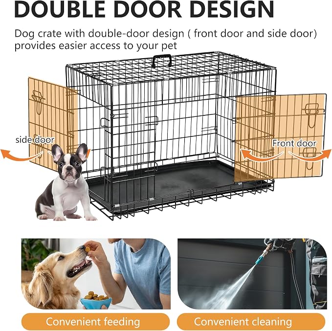 FDW Dog Crate 42-Inch Dog Cage Foldable Metal Kennel with Leakproof Tray Foldable Design Indoor Outdoor Use for Large Dogs,Dark Black