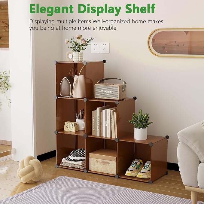C&AHOME 6-Cube Storage Organizer Cube Shelf Closet Storage Bookcase, Brown | Stackable Cubby Storage, Bookshelf, Portable Plastic Storage Closet Organizer, DIY Modular Shelving Units for Home, Wardrobe