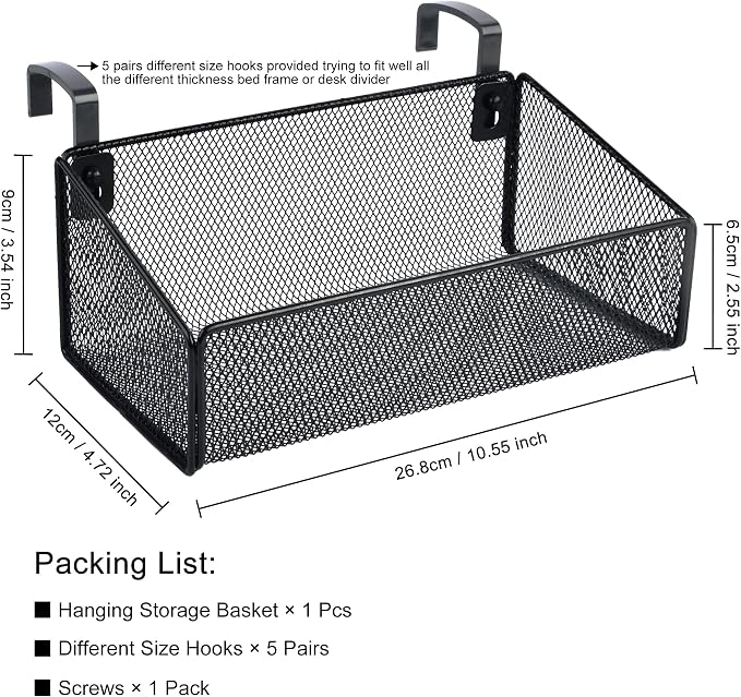 Bedside Shelf for Bed & Bunk Bed Storage Basket Office Cubical Wall Hanging Organizer - 5 Different Size Hooks - College Dorm Home Office Essentials for Phone,Book,Drink,Tissue (Black)