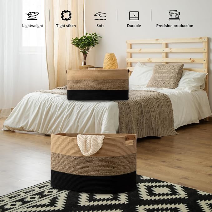danpinera Large Blanket Basket for Living Room,72 L Rectangle Toy Storage Basket for Nursery Room, Woven Rope Storage Box with Leather Handle, 22’’*17’’*11.8’’, Gradient Linen