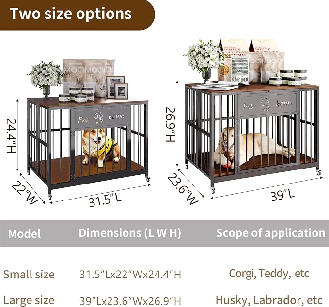31.5" Foldable Dog Crate Furniture for Medium Dogs, Walnut | Wooden Construction, RGB Ceiling Lights, Silent Casters, End Table TV Stand