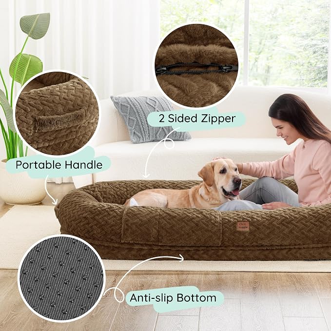ChiXnuggle Faux Fur Washable Human Dog Bed Cover（Only Human Dog Bed） | 72*40*10,removable replace cover,soft fur,non-slip bottom,brown