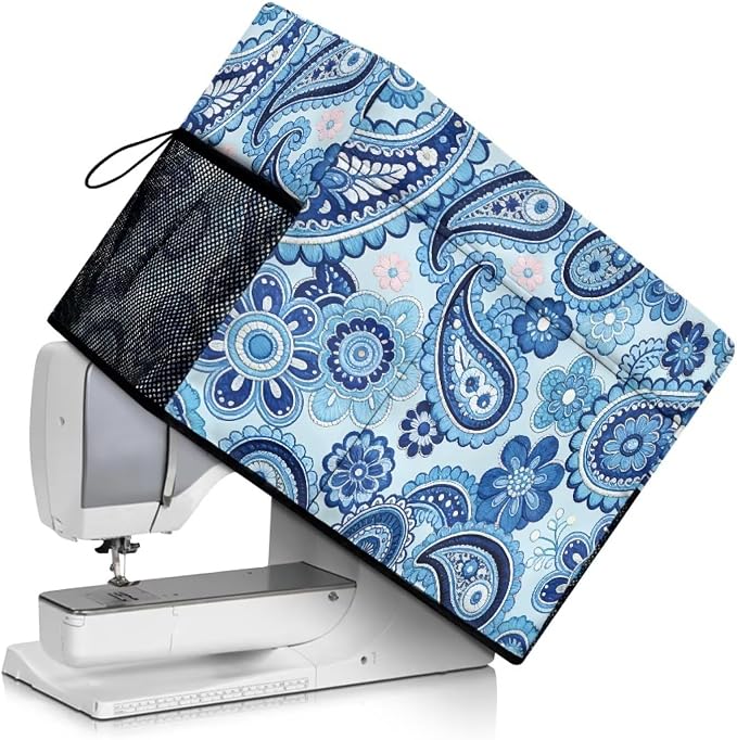 70s Retro Paisley Print Sewing Machine Cover,Protective Cover Hippie Style Dust & Pet Hair Protection,Fits Standard Singer & Brother Machine (Blue)