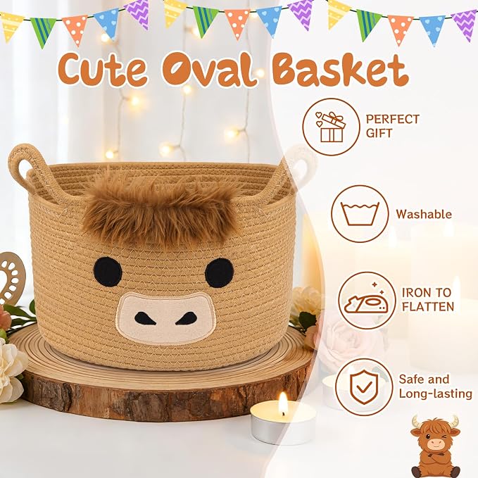 Oval Highland Cute Cow Basket for Nursery, Large Woven Gift Basket | Shelves Rope Cotton Storage Bins for Gifts Empty, Baby Shower Blanket with Handles,Towel Burr Decorative, 13"D x 8"H IN