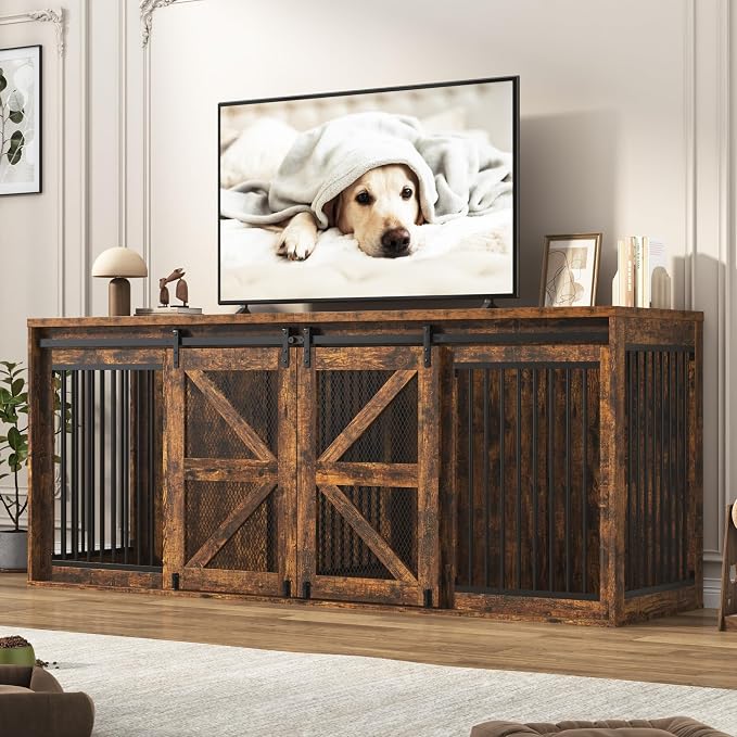 jiteentarou87In Farmhouse Dog Crate TV Stand, Wooden Dog Kennel Furniture with Sliding Metal Mesh Barn Door, Large Dog Crate Furniture for 2 Dogs, Solid Metal Tube & 2 Lockable Doors, Rustic Brown