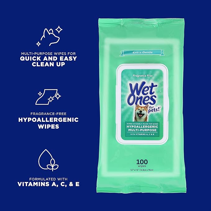 Wet Ones for Pets Hypoallergenic Multipurpose Dog Wipes with Vitamins A, C and E - Fragrance-Free Dog Grooming Wipes with Vitamins, Wet Lock Seal, 100 Count