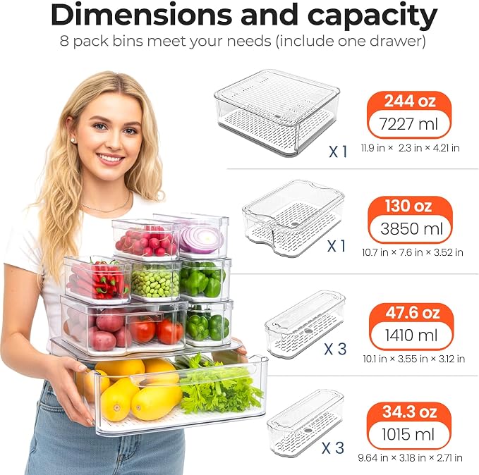 SMRCAD Clear Fridge Bins with Drain Trays - BPA-Free PET, Stackable(8 Pack) | 8 Pack: 1 Drawer + 7 lidded Bins, Helps Keep Produce Fresh, 18.3L Capacity, Hand Wash Only