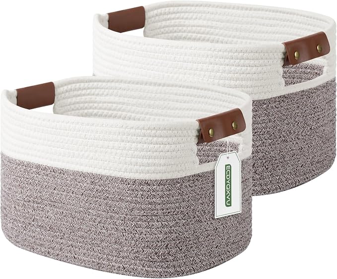 ECDYQXVU 15x10x9 Woven Cotton Rope Storage Basket, Leather Handles 2 Pack | Foldable Design, Sturdy PU Handles, Easy to Clean Organizer for Living Room, Closet, Shelves, Bedroom, Laundry, Clothes