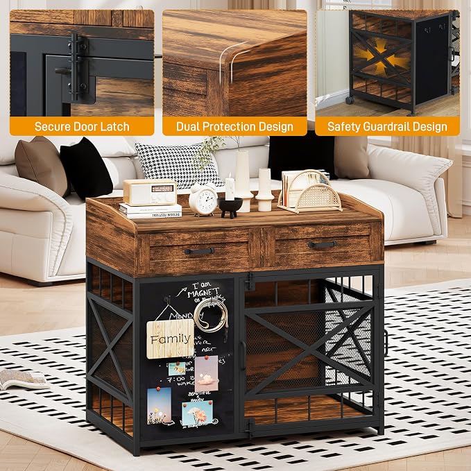 Dog Crate Furniture, 38 Inch Dog Kennel Indoor Furniture with Storage Drawers and Adjustable Foot Pads, Wooden Pet Cage End Table with Rotating Wheels and Blackboard for Small Medium Large Dogs