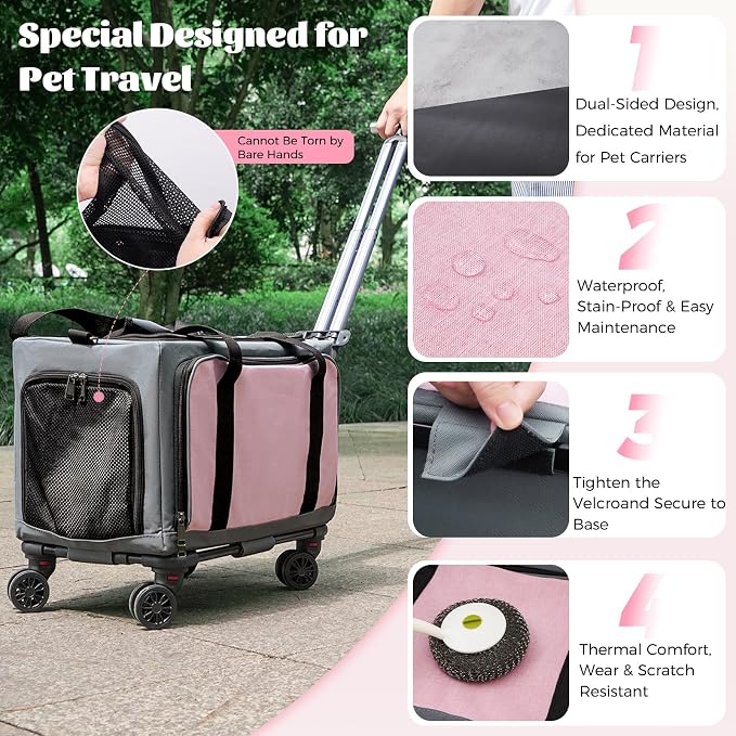 3-Sided Expandable Rolling Pet Carrier with Wheels, Small Cat Dog Travel Carrier, Foldable Portable Bag Grey Pink for Travel Camping Vet Outdoor Indoor Use