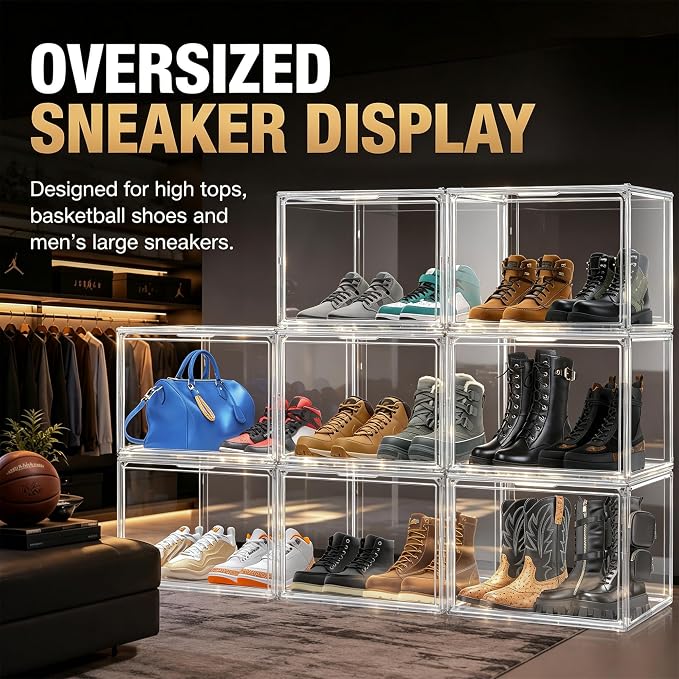 5 Pack XXX-Large Clear Acrylic Display Box, Wide Door, Boots & Handbags | 17.7 x 13 x 13 in oversized PET box for boots, bulky sneakers, handbags and larger closet items,display closet organization