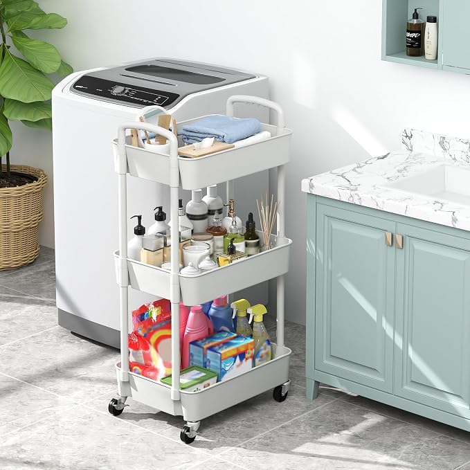 Sywhitta 3-Tier Plastic Rolling Utility Cart with Wheels for Storage,White | Multi-Functional Storage Trolley, for Office, Living Room, Kitchen, Bathroom,Movable Organizer,Space-Saving,Easy to assemble