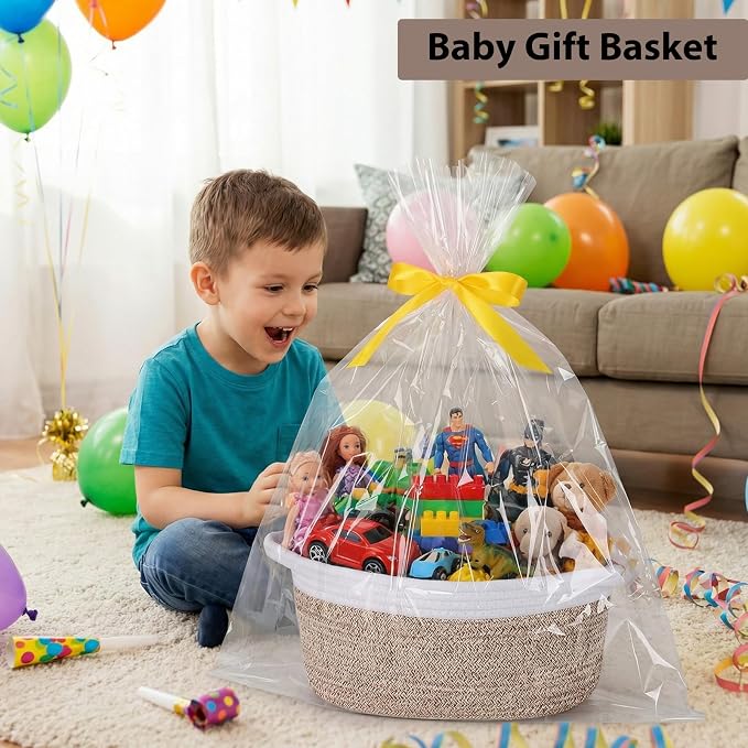 woric Small Woven Storage Basket Dog Toy Baskets for Gifts Empty | Cotton Rope Basket with Handle Graduation Decorative Baskets (Brown 12"X 8" X 5" with Gift Bag Card Ribbon Tissue Paper)