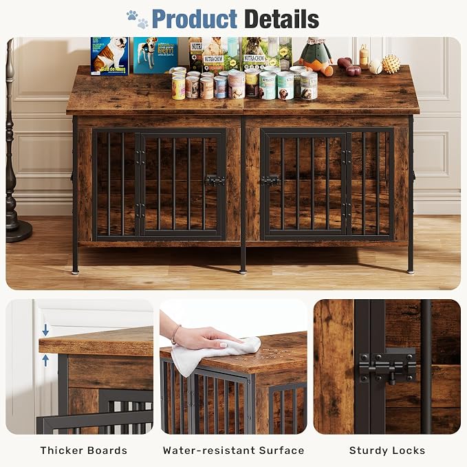 DUMOS 54" Dog Crate Furniture for 2 Dogs with Divider, Rustic Brown | Wooden Dog Kennel Furniture, Small Breed Center Divider and Double Doors, Heavy Duty Indoor Dog Cage, TV Stand, Side Table