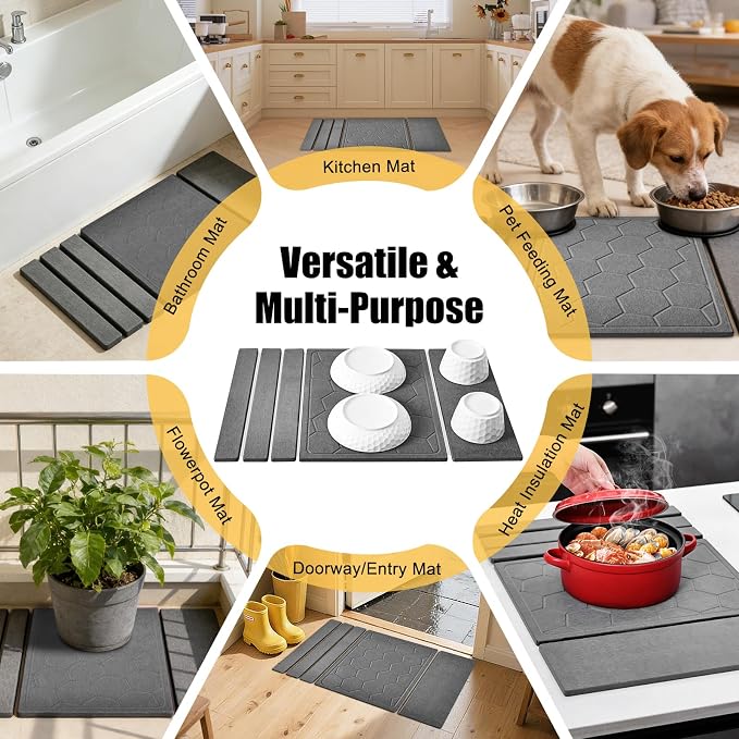 3-in-1 Collapsible Stone Dish Drying Mat for Kitchen Counter | Foldable Water Absorbing Diatomaceous Earth Drying Organizer Pad for Plate Rack Bottles Utensils (Gray - Hex Pattern, 24‘"x16")