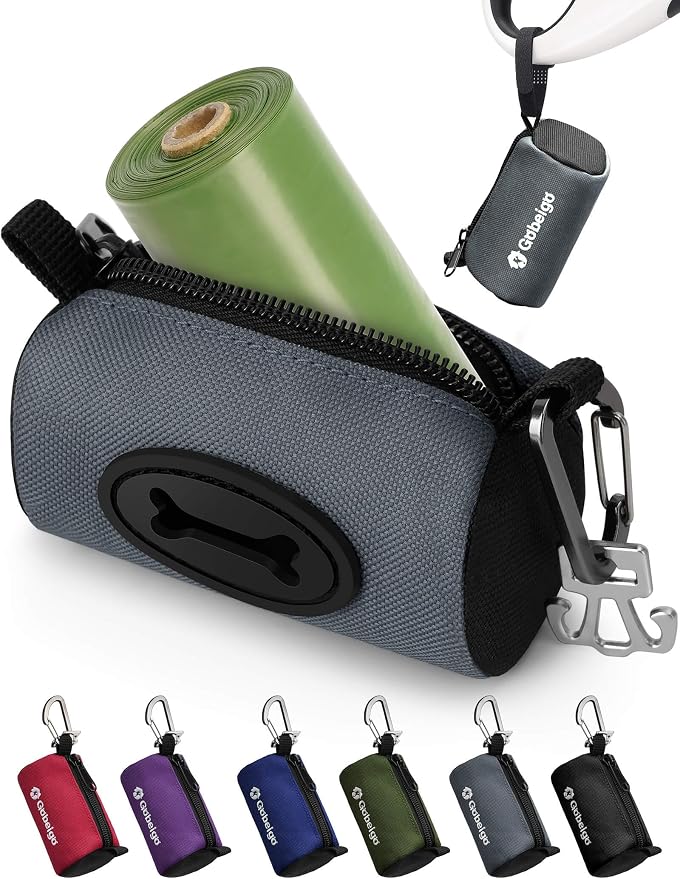 Gobeigo Dog Poop Bag Holder with Used Waste Bag Carrier(Gray) | Large Opening for Easy Dispensing, Carabiner & Hook-and-Loop Strap Fits Any Leash, Includes 15 Unscented Waste Bags
