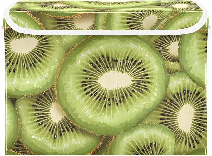 Fabric Storage Bins with Lid Fresh Kiwi Slice Closet Storage Basket 40L | Decorative Storage Boxes, Dust-Proof Flip Top, Reinforced Handles, For Home & Bedroom, Clothes & Toy Box, Oxford Fabric Print