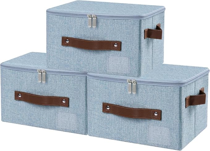 ANMINY Small Storage Box Fabric Bins with Zipper Lid, 10"x8"x7" Blue 3PCS | Keepsake Box, Decorative, Cotton Linen, Reinforced PP Board Frame, Washable, Stackable & Foldable, Label Holder & PU Handles