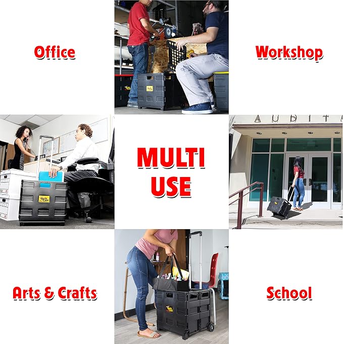 dbest Products Quik Cart Without Lid Collapsible Rolling Crate - Black | with Wheels, Roll Up to 80 lbs Capacity, Heavy Duty Plastic Construction, Telescoping Handle, Portable Handcart