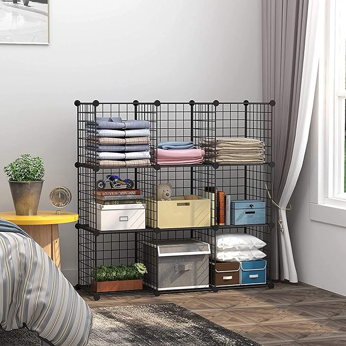 C&AHOME Wire Cube Storage - 9-Cube Organizer, Metal Grids, Bookshelf, Black | Storage Bins Shelf, Modular Bookshelf Units, Closet Cabinet, Shelving, Ideal for Home, Living Room, Office
