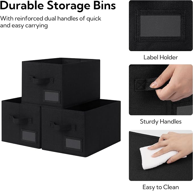 GRANNY SAYS Closet Storage Bins with Label, Black, Medium, 3-Pack | Foldable Storage Baskets, Fabric Storage Baskets for Clothes, Collapsible Storage Boxes with Handles
