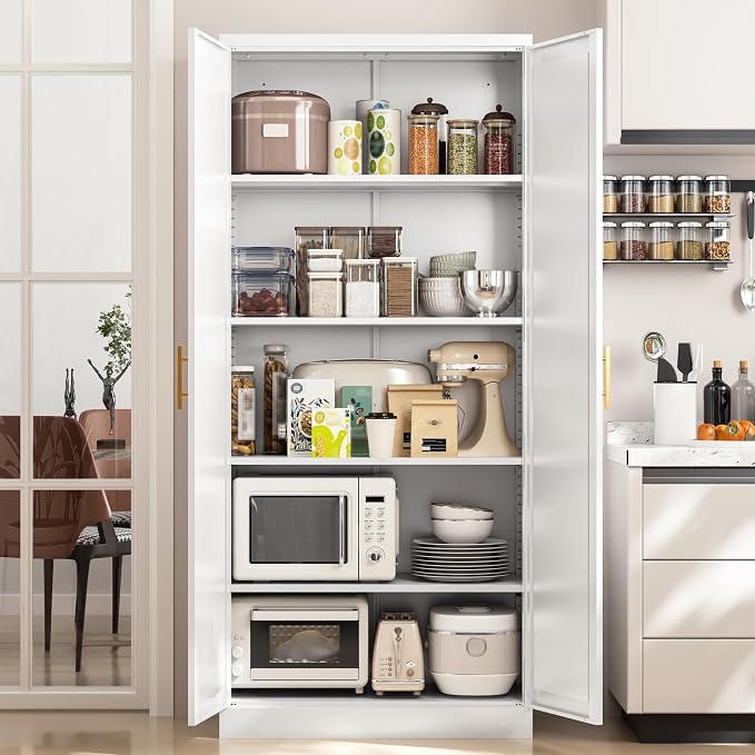 BESFUR Kitchen Pantry Cabinet,71” Metal Tall Pantry Storage Cabinet with Doors and 4 Adjustable Shelves,Kitchen Storage Cabinets White Freestanding Food Cabinet for Pantries, Kitchen