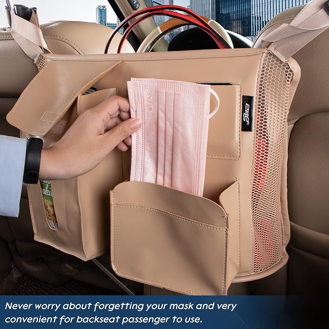 Car Seat Back Organizer, Net Purse Hangbag Holder for Car, Auto Driver Or Passenger Accessories Organizer, Vehicle Console Caddy, Personal Travel Storage Bag for Pet Kids Adults, Pu Leather Beige